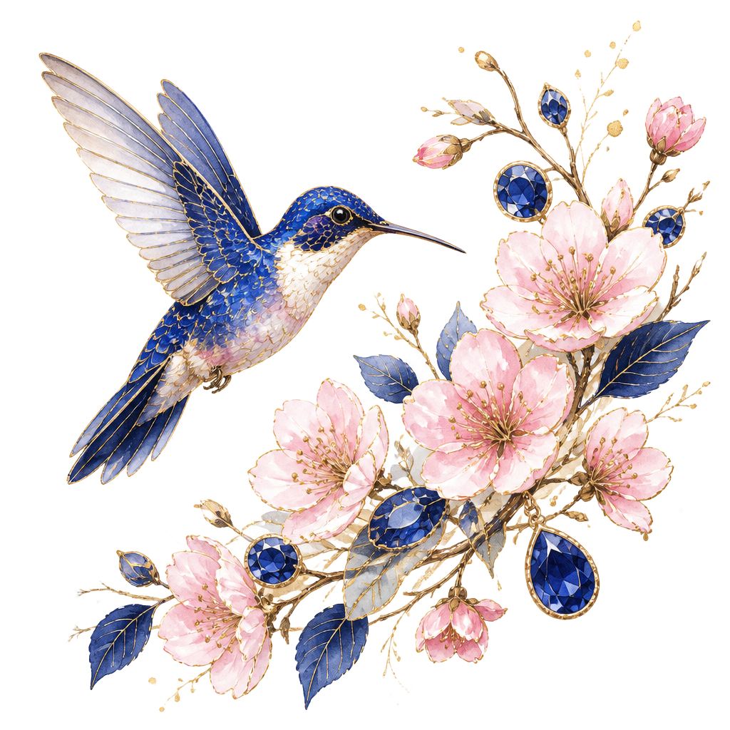 Watercolour hummingbird among blossoms and sapphire gems